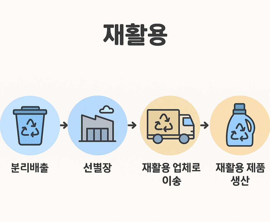 재활용품의 흐름 구조 - 분리배출부터 최종 재활용 제품 생산까지의 순환 과정 도식 이미지