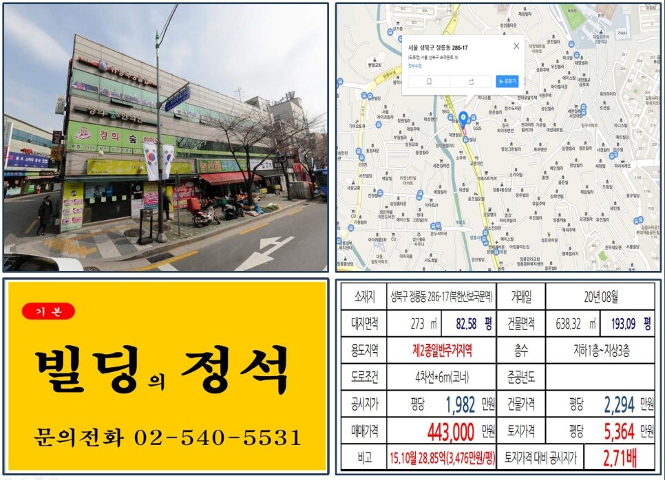  [성북구 길음뉴타운 대로변 40억 꼬마빌딩 실거래가 조회] 정릉동 286-17 (북한산보국문역) 44.3억 원, 평당 5,364만 원 매매되었습니다.