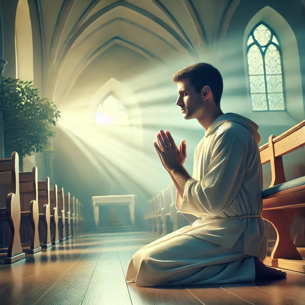 Here is the image portraying a person earnestly seeking a holy life through prayer in a peaceful&amp;#44; sacred setting. It captures the sense of reverence&amp;#44; dedication&amp;#44; and the continuous effort to live a life committed to holiness&amp;#44; with a serene and bright atmosphere symbolizing purity and divine presence.