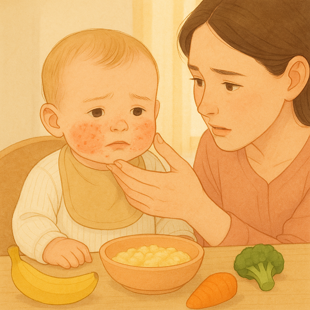 아기의 볼에 발진이 올라온 모습, 이유식 스푼 옆에서 식재료 알레르기를 확인하는 장면
