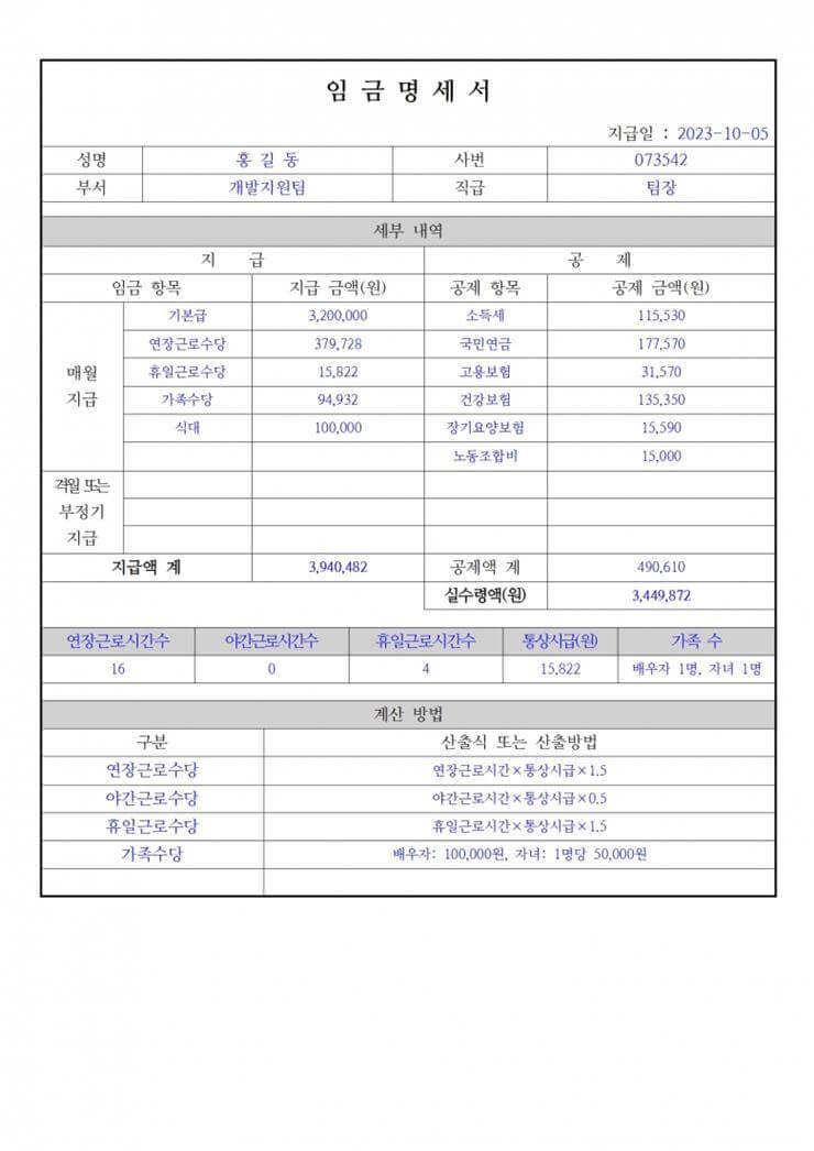 급여명세서 양식 이미지 캡처사진이다.
