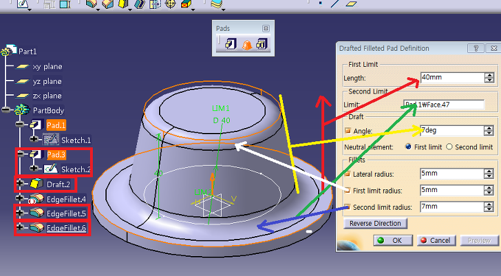  Catia Tutorial 5. Drafted Filleted Pad  설명