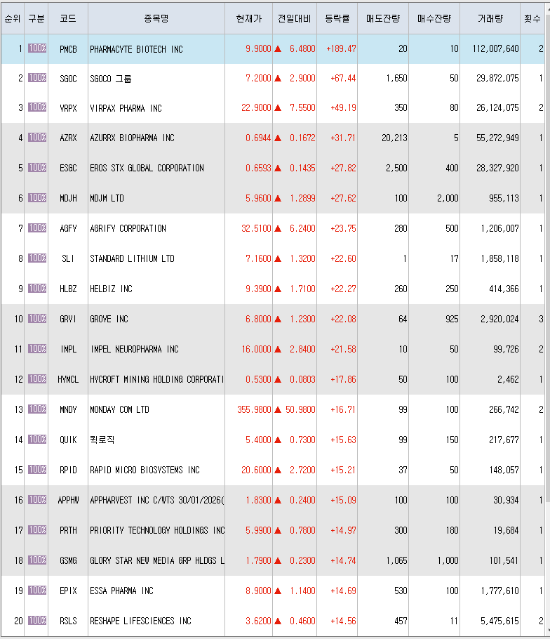  8월18일 미국주식 상승률 상위 종목 TOP 300