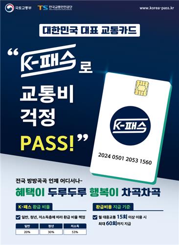 K-패스는 월 15회 이상 정기적으로 시내버스&amp;#44; 지하철 등 대중교통을 이용할 경우 지출 금액의 일정 비율을 다음 달에 돌려받을 수 있는 교통카드다. K-패스 홍보 포스터. 출처 연합뉴스