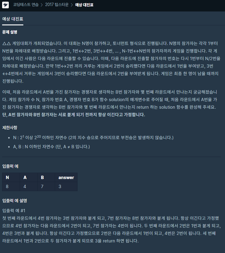  프로그래머스[Java] - (Level2)예상 대진표
