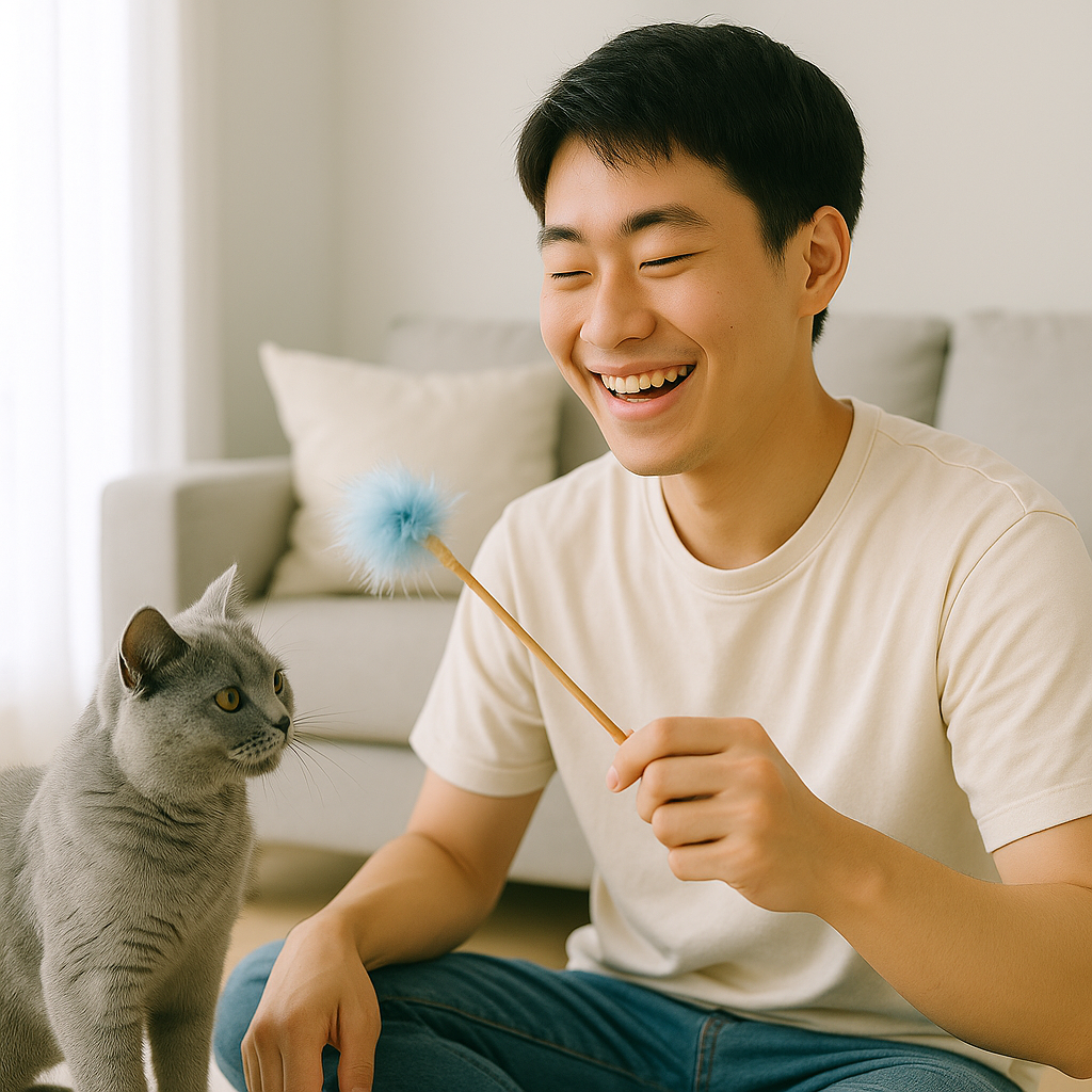 젊은 한국인 남성이 반팔 복장으로 고양이와 낚시 장난감을 가지고 놀며 웃고 있는 장면