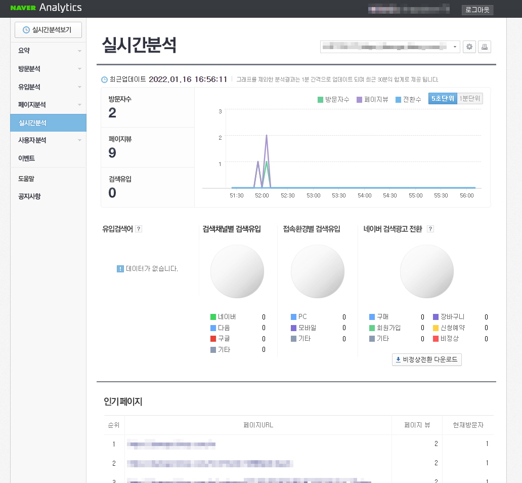 네이버 애널리틱스 실시간 분석 기능