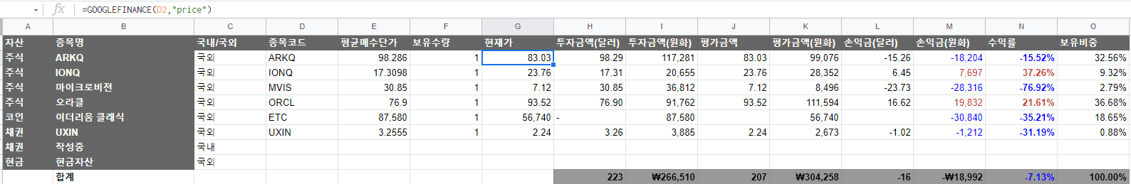 스프레드시트로 주식 포트폴리오 만들기 - 구글 파이낸스 함수 적용2