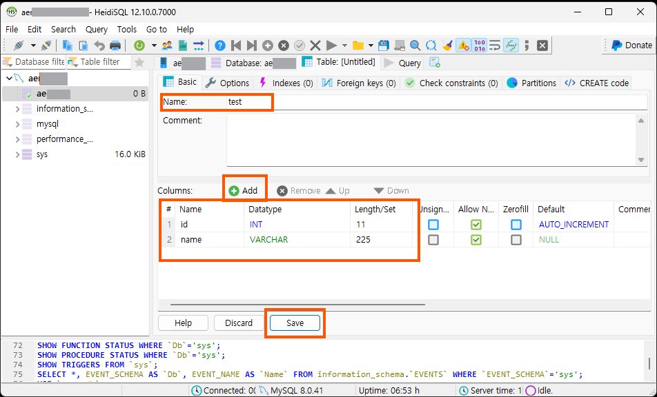 table명 및 column 정보입력