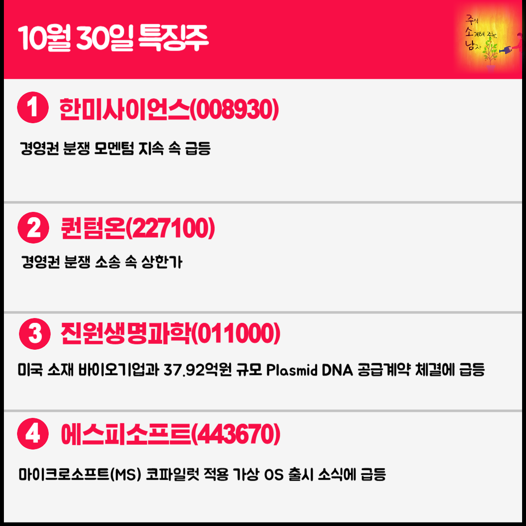 10월 30일 오늘의 특징주