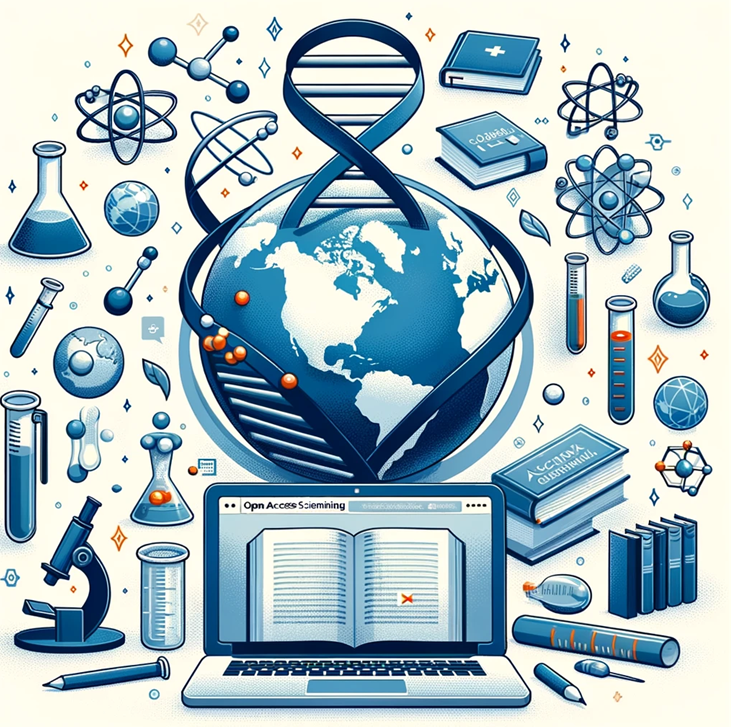 An illustration depicting the concept of open access scientific publishing. The image should feature a globe representing global access&#44; surrounded