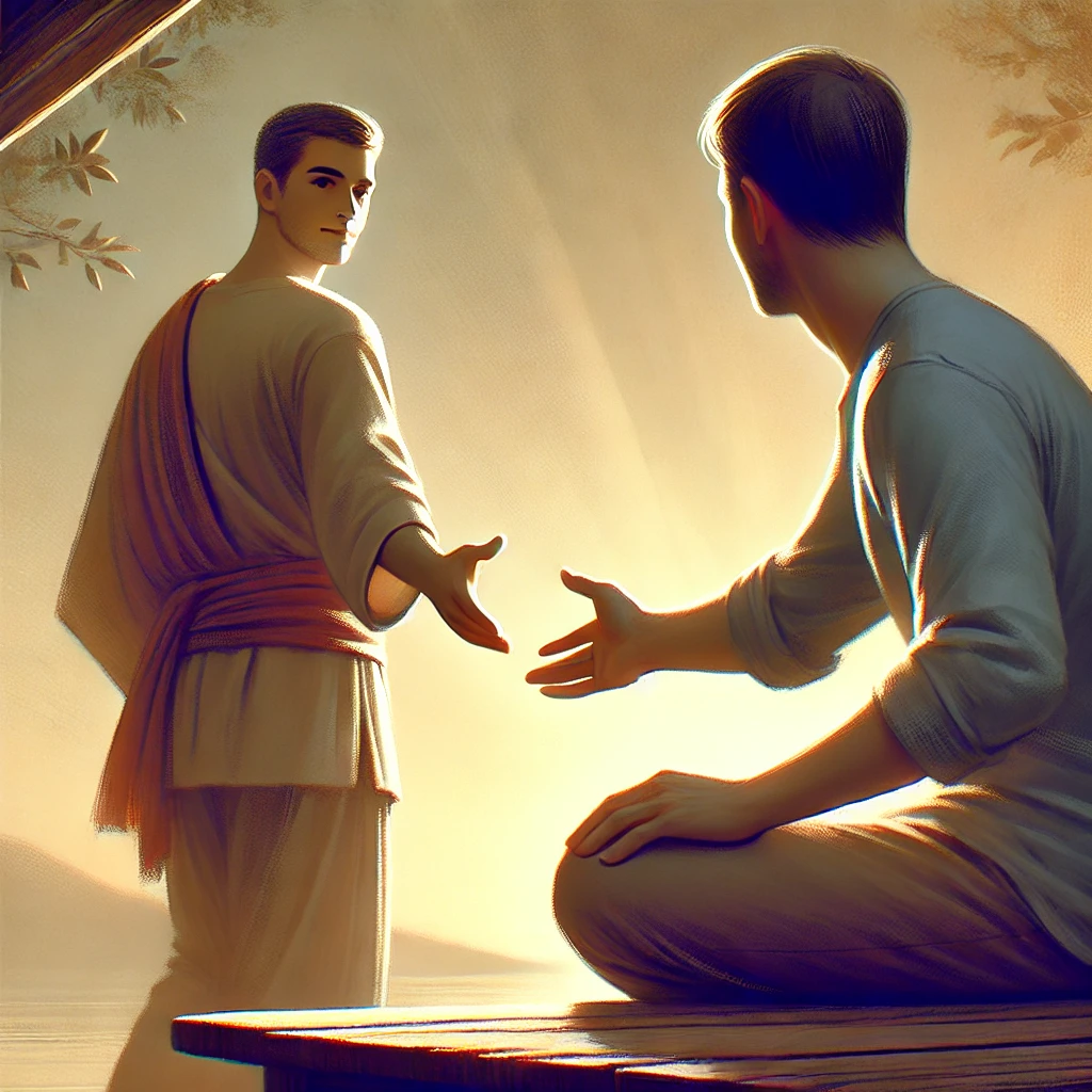 Here is the image portraying a person approaching someone with warmth and kindness&amp;#44; symbolizing an effort to initiate peace&amp;#44; resolve conflicts&amp;#44; and create a moment of reconciliation. It captures the essence of bridging gaps and fostering understanding&amp;#44; set in a calm and harmonious environment.