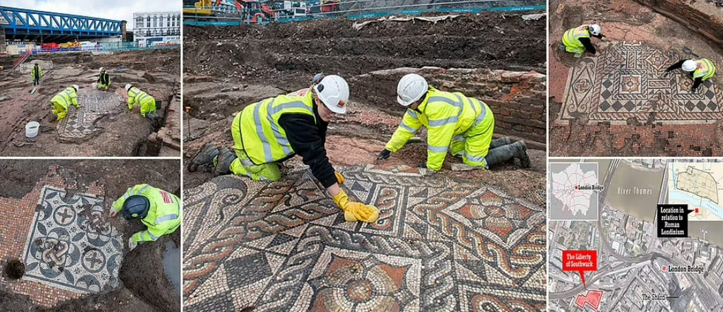  영국에서 발견된 화려한 로마식당 바닥 모자이크 Stunning Roman mosaic is discovered near the Shard featuring colourful flowers ..