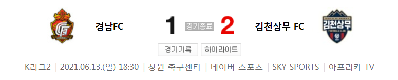  K리그2 / 국내축구 - 경남 VS 김천상무 (1 - 2) 2021시즌 16라운드 하이라이트 (2021년 6월 13일)