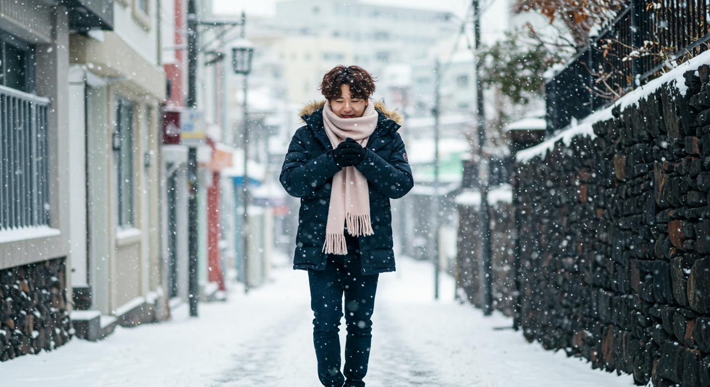 눈 오는 제주도를 걷는 남자