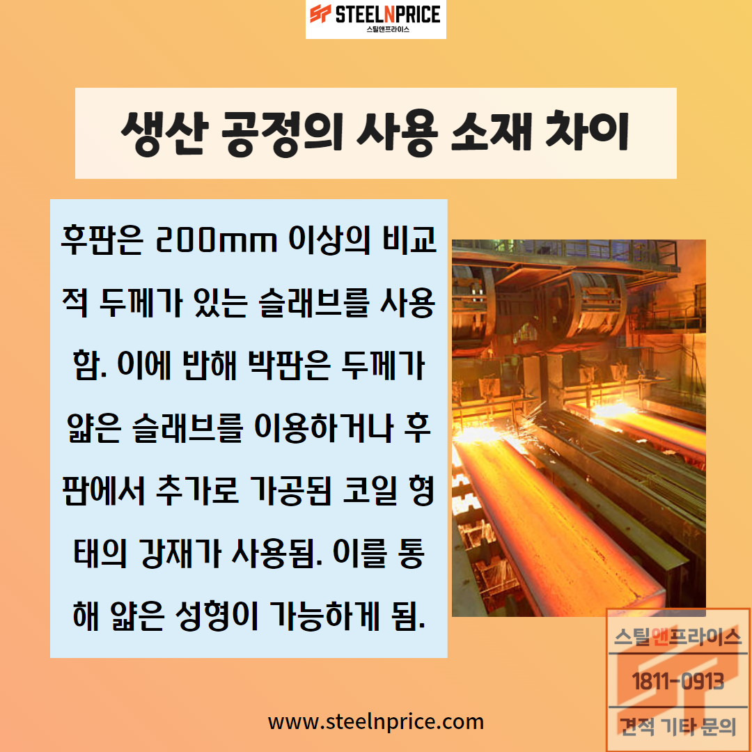 후판과 박판의 생산 공정의 사용 소재 차이