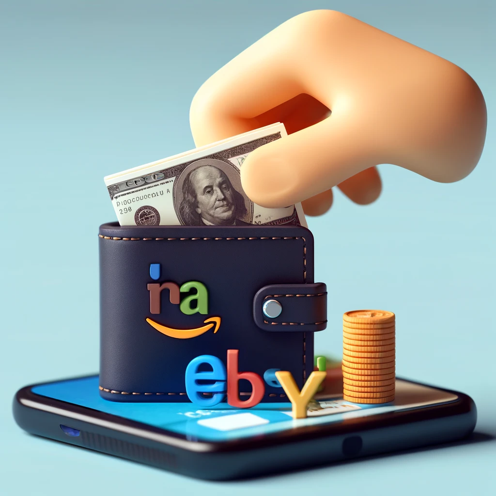 3D miniature-style illustration of a hand withdrawing money from a digital wallet, symbolizing eBay and Amazon payout methods.