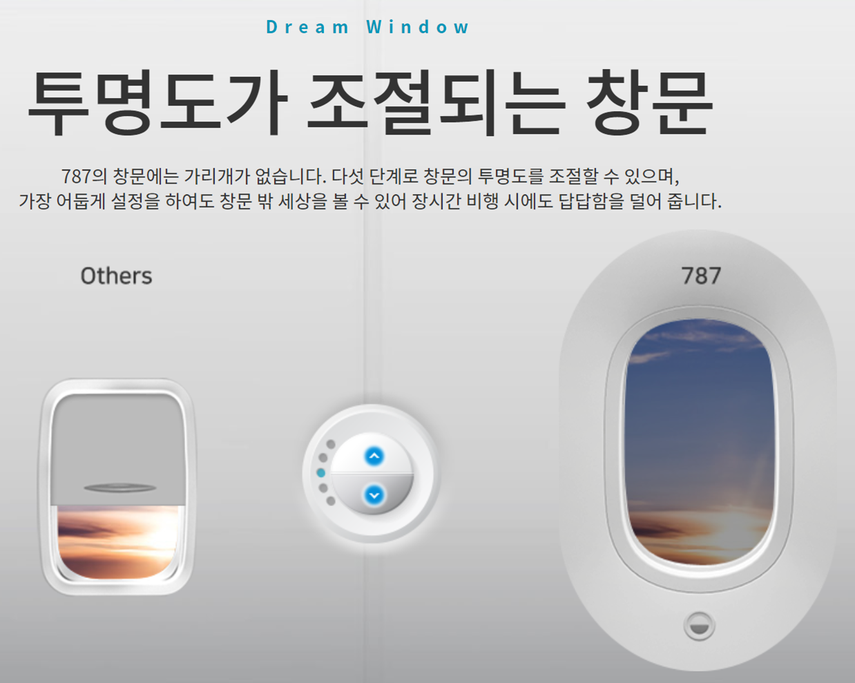 보잉-b787-여객기-창문-투명도-조절-비교-사진