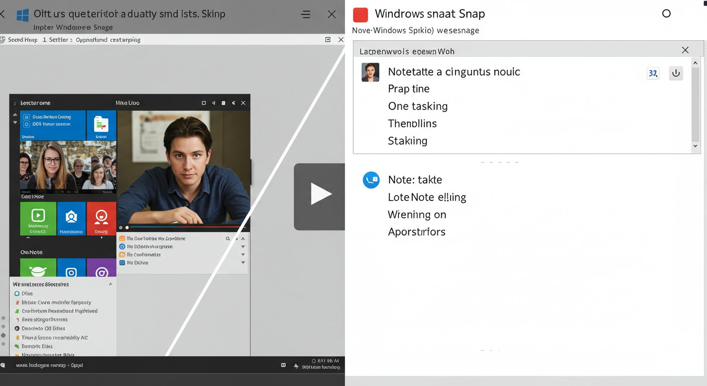 (Image Prompt: Screenshot depicting Windows Snap feature in action. Left half shows a lecture video playing or a PDF document open. Right half shows a note-taking app like OneNote or Word ready for input. Clear division of the screen. Style: Split-screen demonstration screenshot.)