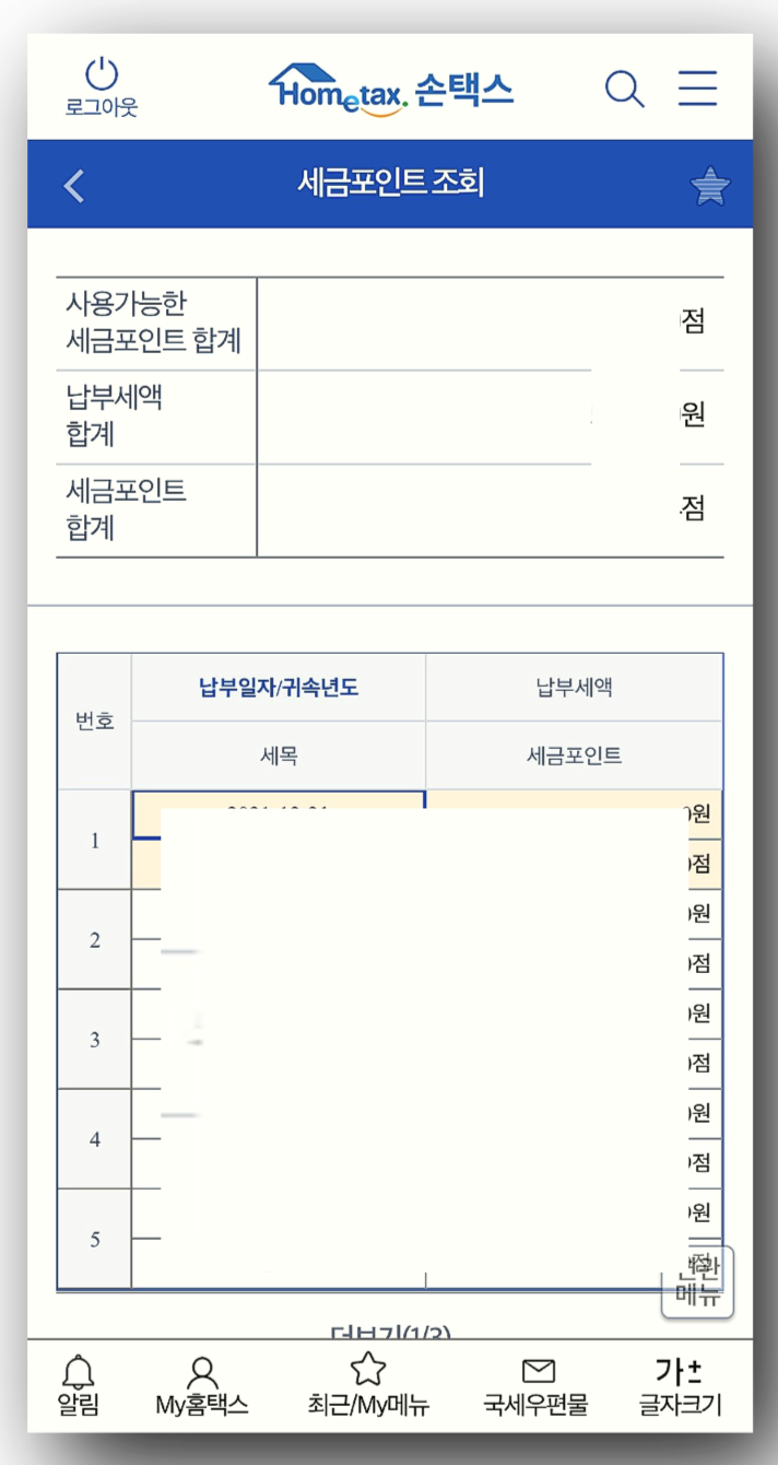 손택스 세금포인트 조회 완료 화면