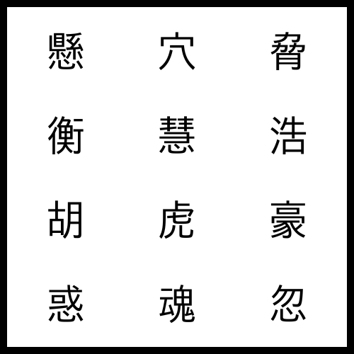 懸 달 현ː, 穴 굴 혈, 脅 위협할 협, 衡 저울대 형, 慧 슬기로울 혜ː, 浩 넓을 호ː, 胡 되 호, 虎 범 호ː, 豪 호걸 호, 惑 미혹할 혹, 魂 넋 혼, 忽 갑자기 홀