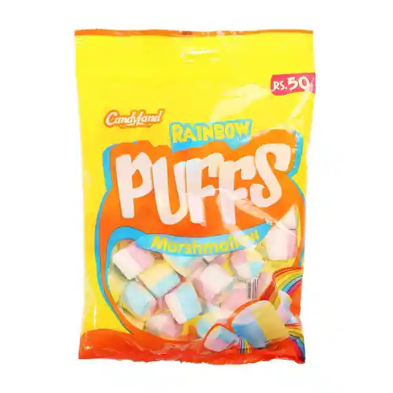 Rainbow Puffs라는 어느 마시멜로우 제품의 패키지이다. 알록달록한 마시멜로우가 포장지 안에 들어 있다.