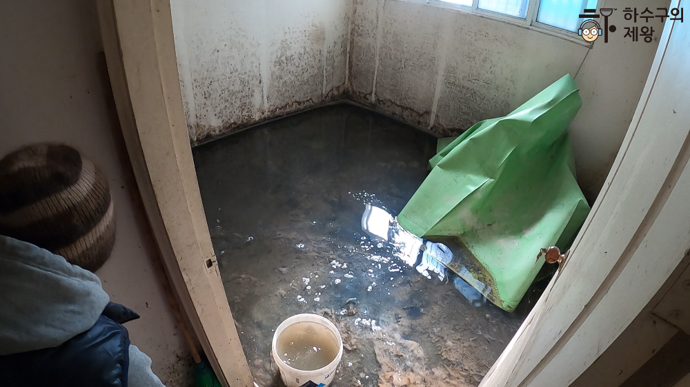 방안 바닥에 물이 가득 차있고 벽에는 곰팡이가 핀 집