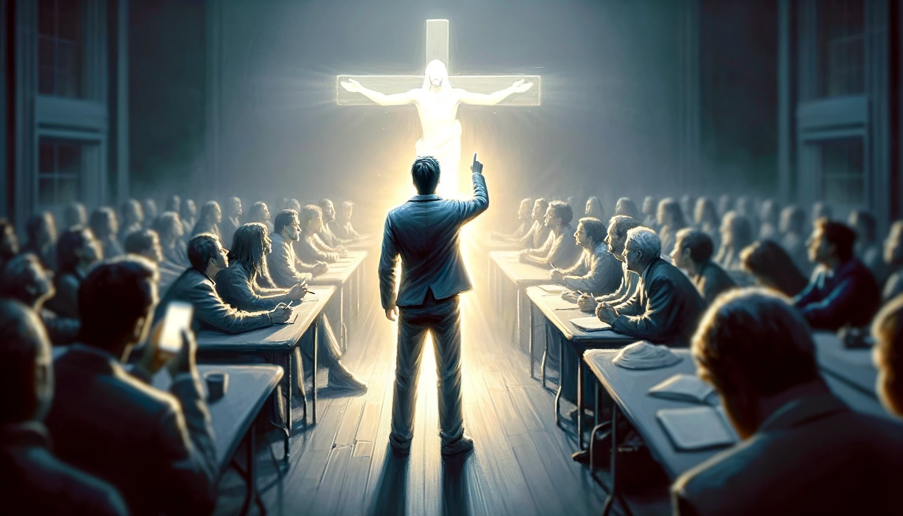 내 관심의 초점이 다른 사람이 아니라 예수님임 - Here is the image depicting a scene where a person&#39;s focus of interest is solely on Jesus Christ&#44; and not on others. The individual&#39;s stance and expression highlight their devotion and spiritual connection to Christ.