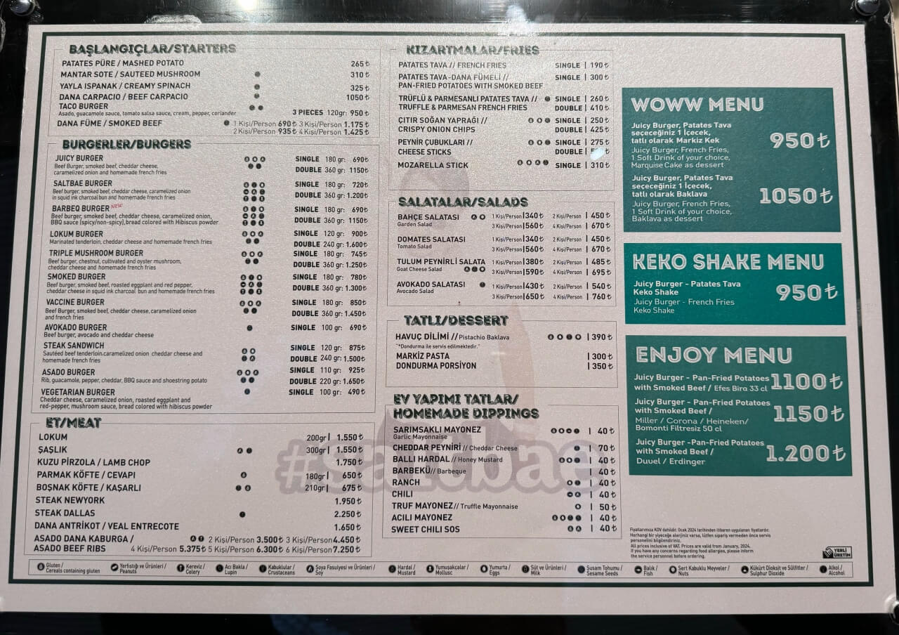 이스탄부 공항 솔트배 레스토랑 메뉴판