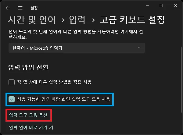 고급 키보드 입력 도구 모음 옵션 실행