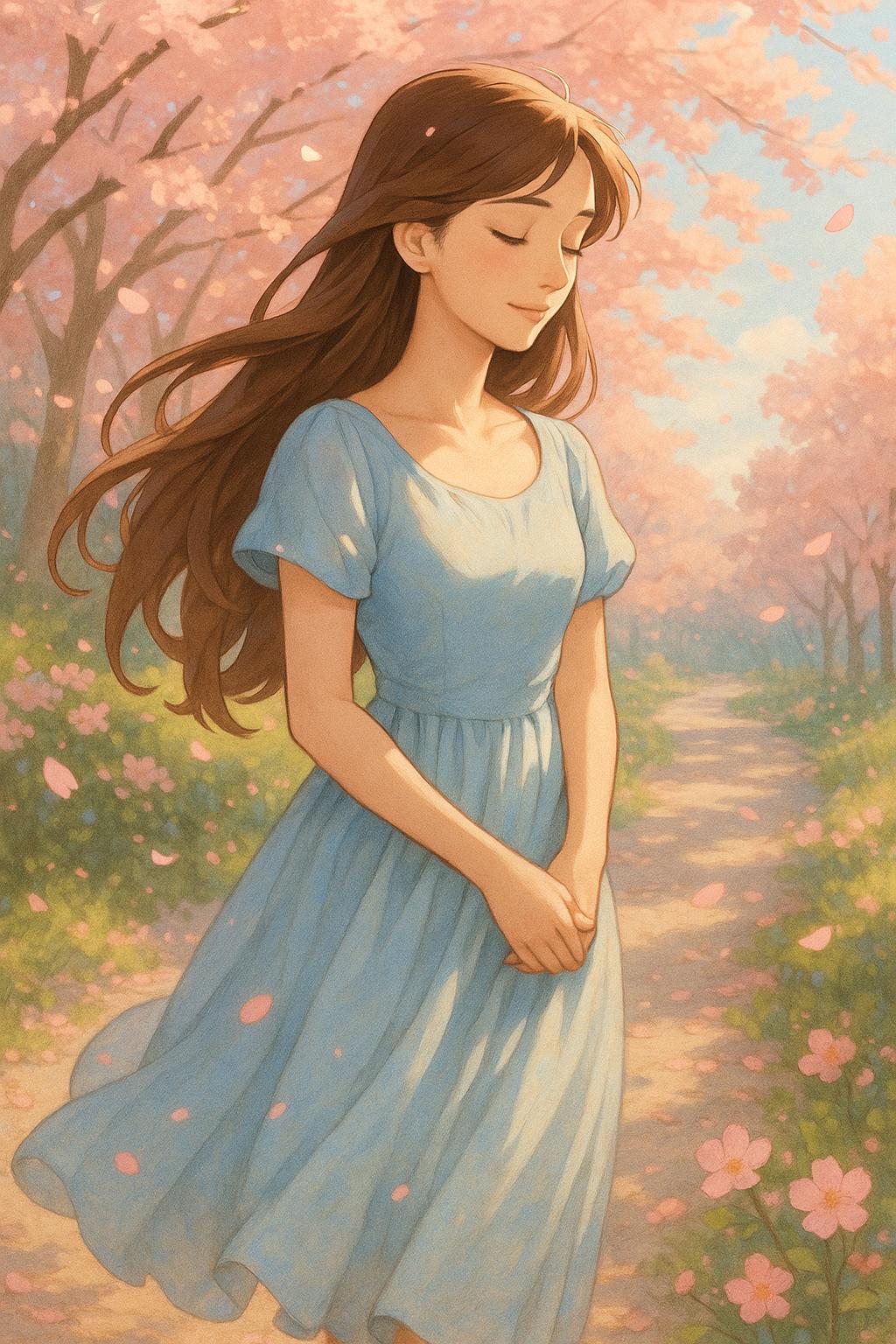 벚꽃잎이 떨어지는 벚꽃길을 따라 기도하는 여인. 여인은 하나님과의 사랑의 교제를 나누며, 따뜻한 빛 속에서 평화롭고 감성적인 분위기를 전달하고 있습니다