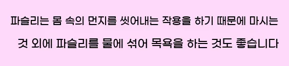  파슬리는 몸 속의 먼지를 씻어내는 작용을 하기 때문에 마시는 것 외에 파슬리를 물에 섞어 목욕을 하는 것도 좋습니다.