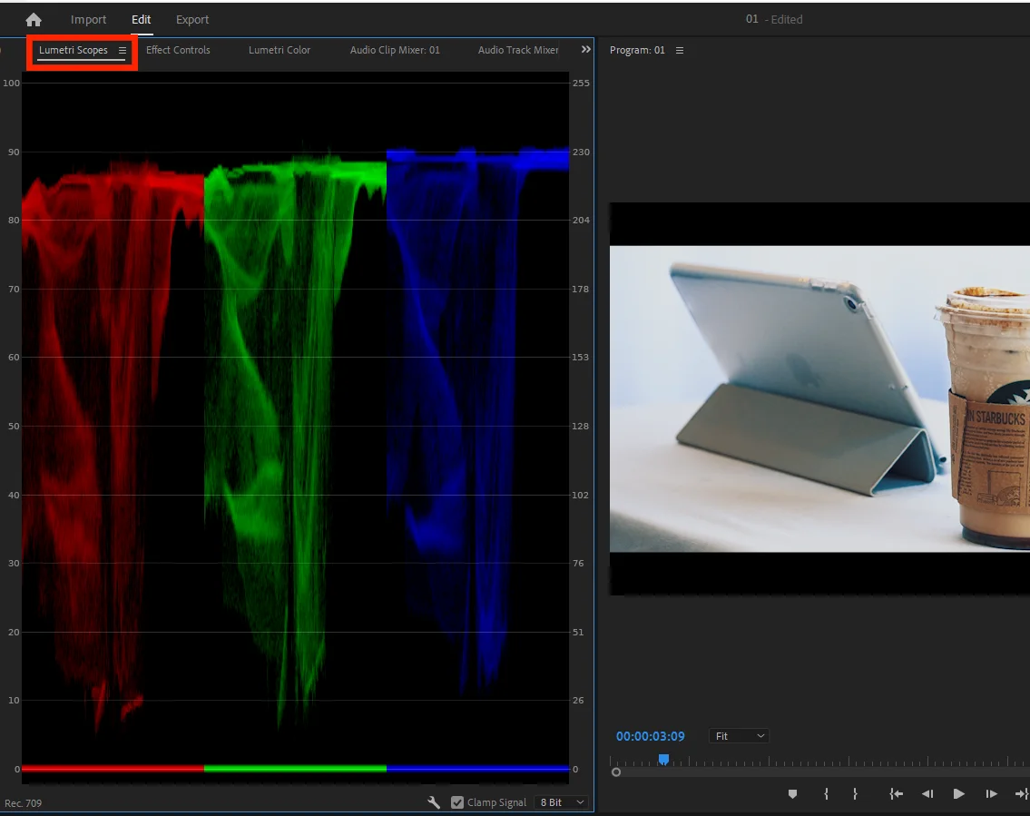 프리미어 프로의 lumetri color로 색 보정을 하는 모습