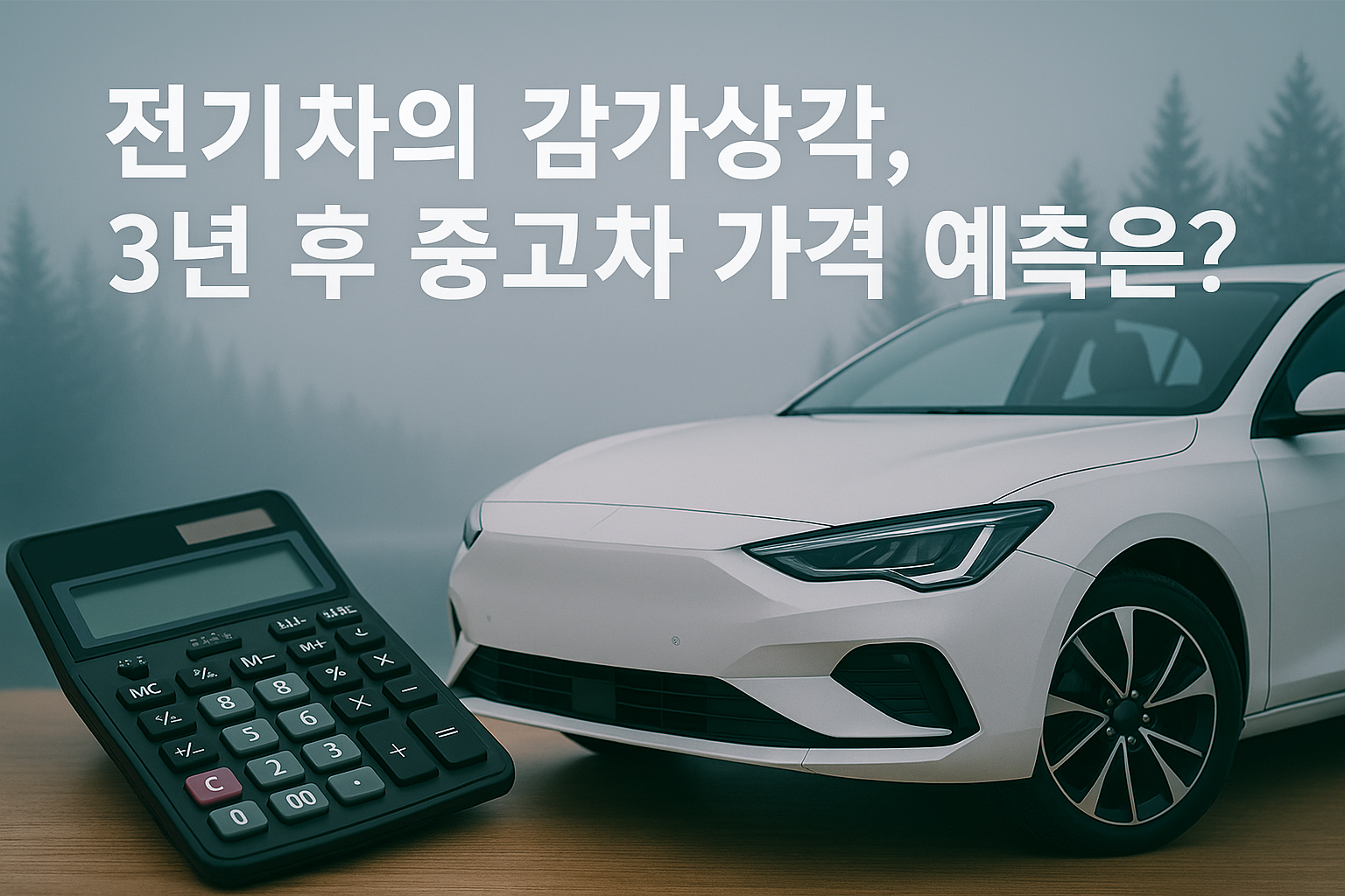 전기차의 감가상각, 3년 후 중고차 가격 예측은?
- 왼쪽에는 계산기, 오른쪽에는 흰색 차량이 있는 모습