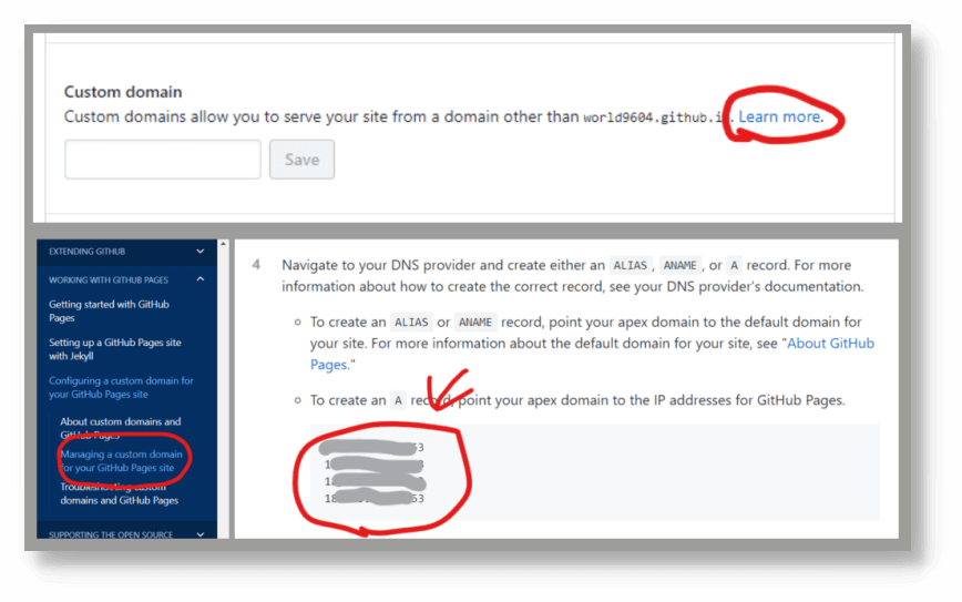 깃허브에서 A레코드 ip를 찾는 화면