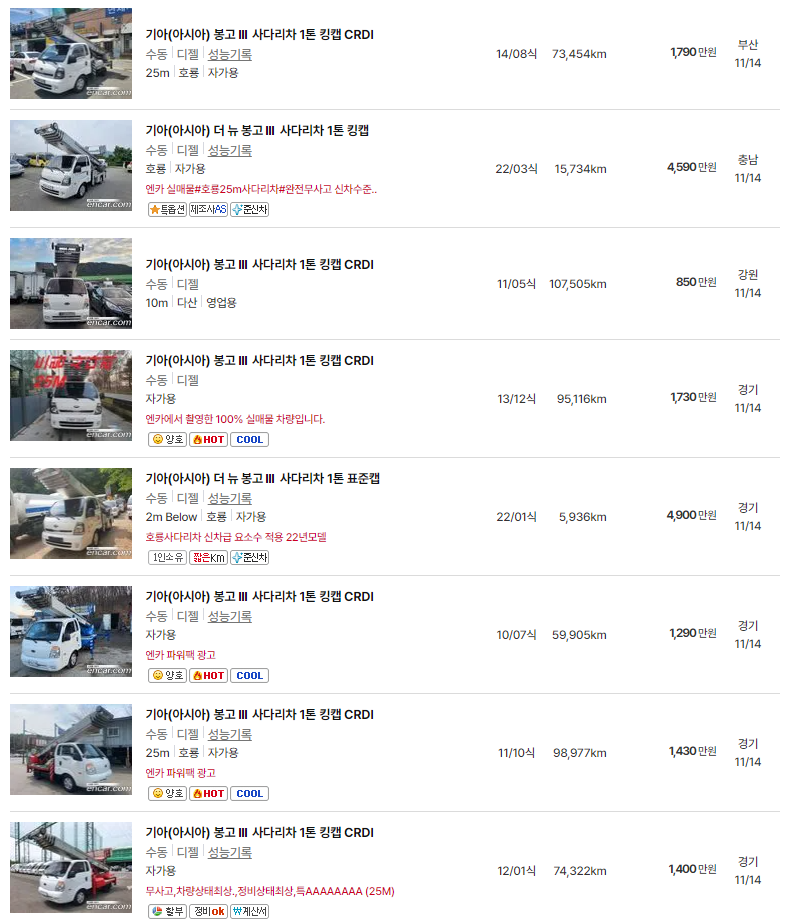 1톤 사다리차 중고차 가격