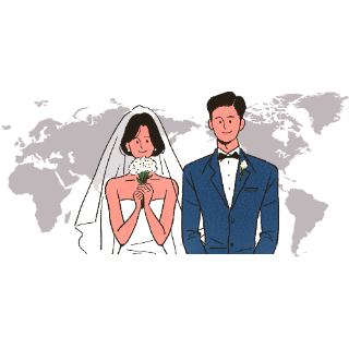 세계지도-배경으로-남녀가-결혼식을-하고-있다
