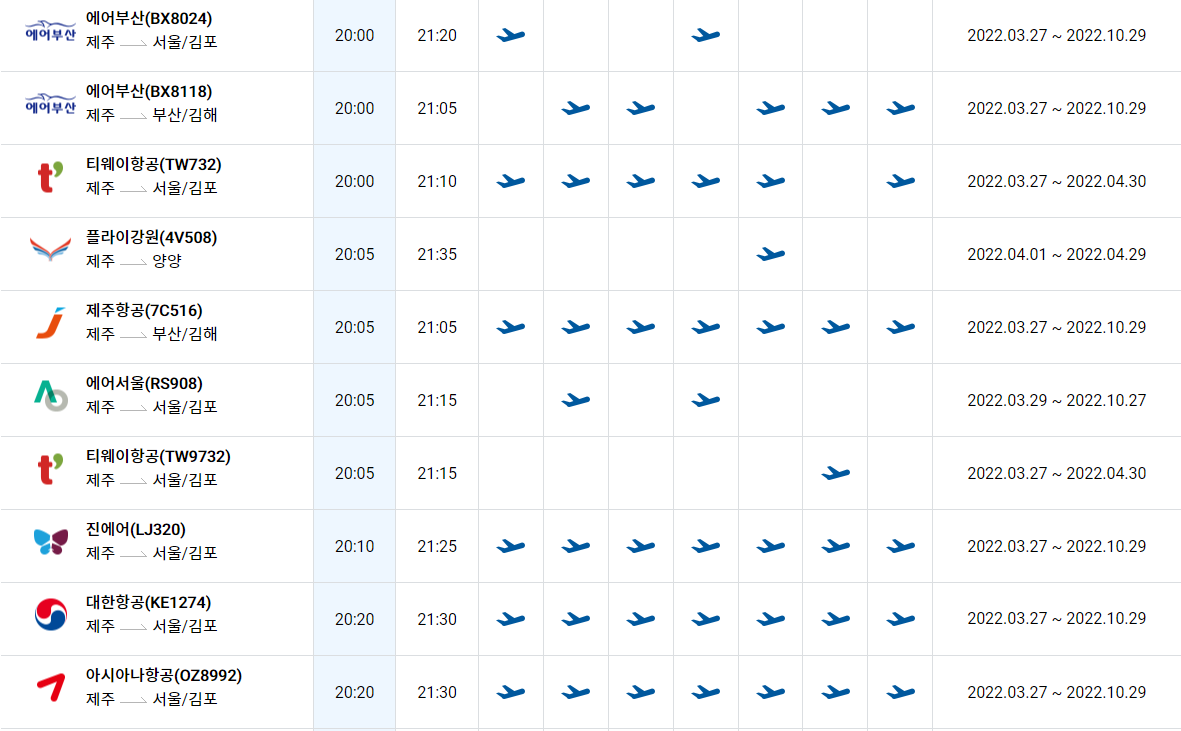 제주국제공항-운항시간표모습
