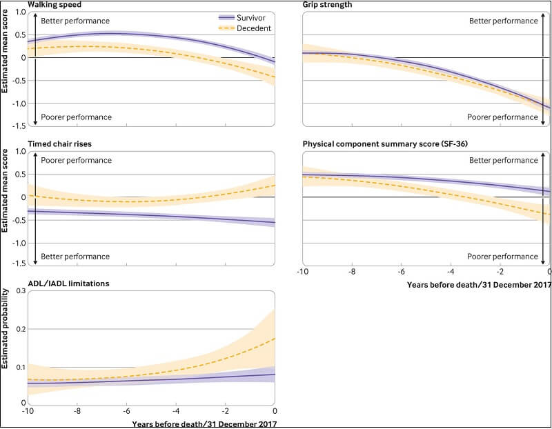  사망 10년 전 부터 나타나는 신체적 현상 : Whitehall II 코호트 연구의 10년 추적 연구 Terminal decline in objective and self-reported measures of motor function before death: 10 year follow-up of Whitehall II cohort study