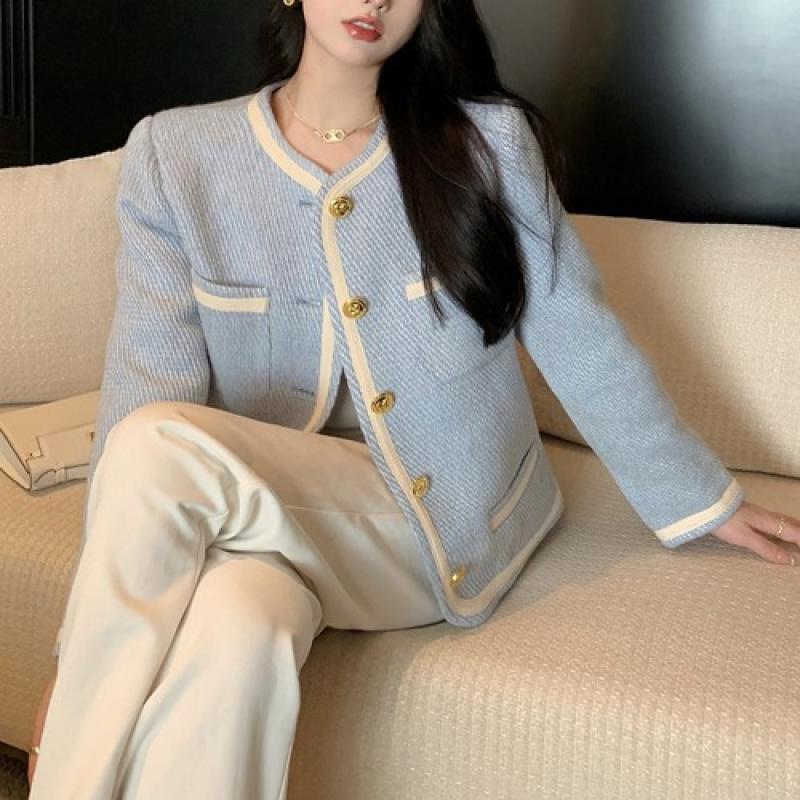 제이0 스카이 배색 금장 긴팔 트위드 자켓