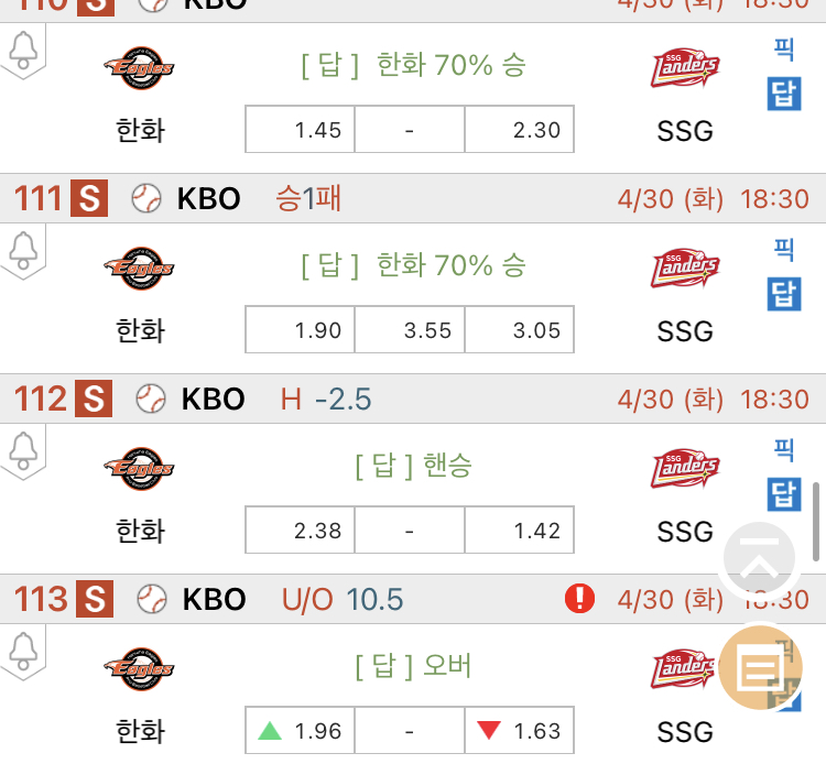 [진짜총판] 4월30일 한화 VS SSG 국내야구분석 