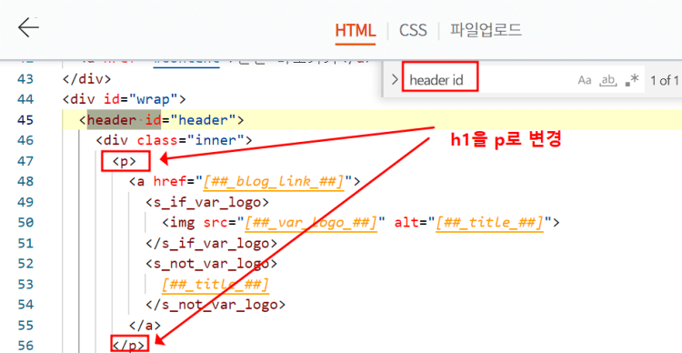 html 블로그타이틀 부분 h1을 p로 변경