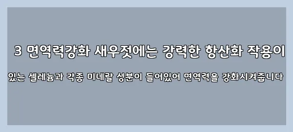  3 면역력강화 새우젓에는 강력한 항산화 작용이 있는 셀레늄과 각종 미네랄 성분이 들어있어 면역력을 강화시켜줍니다