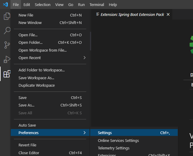 VS code 로 Spring Boot 시작하기 - Visual Studio code로 Spring Boot 시작하기 - 2. jdk 설정 - 2.File -> Preferences -> Setting 으로 가서 java.home을 검색한 다음 jdk 경로를 지정해준다. VS code 로 Spring Boot 시작하기 - Visual Studio code로 Spring Boot 시작하기 - 2. jdk 설정 - 2.File -> Preferences -> Setting 으로 가서 java.home을 검색한 다음 jdk 경로를 지정해준다.
