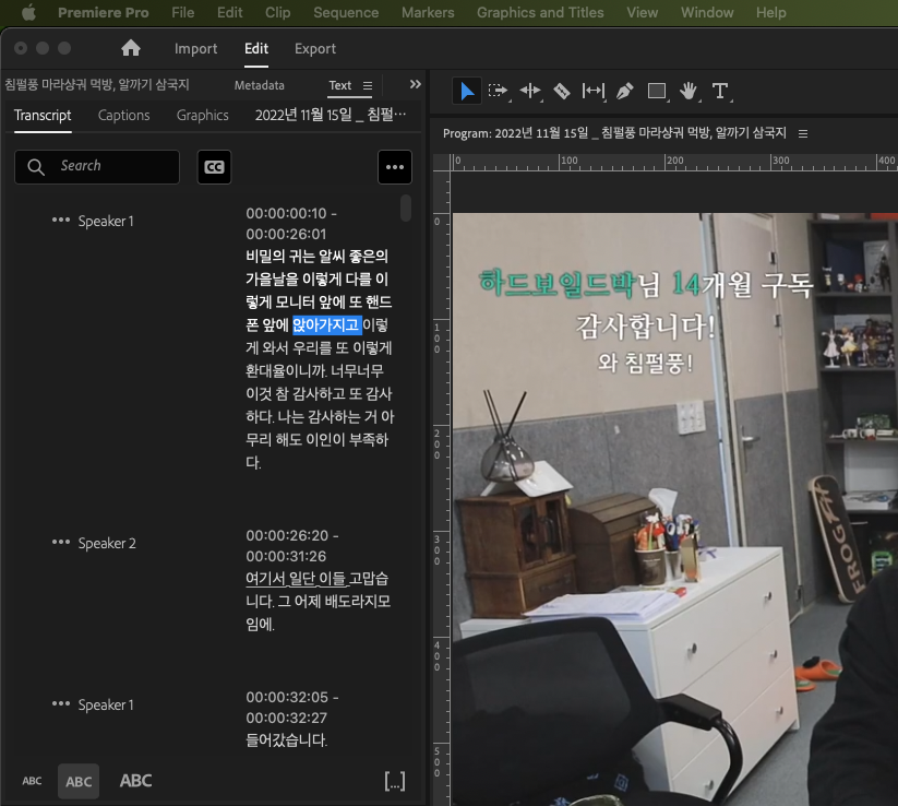 자동으로 생성된 자막을 선택하면 해당 음성이 재생되는 모습