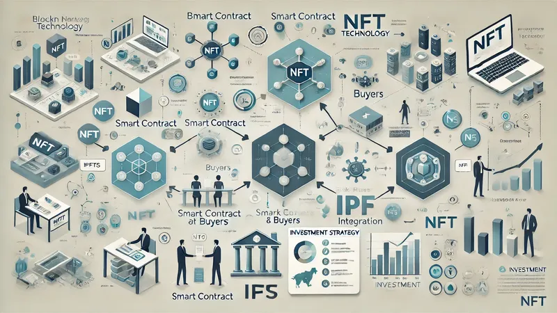 NFT 기술 구조도: 블록체인, 스마트 컨트랙트, IPFS 저장소의 상호 연결을 보여주는 다이어그램