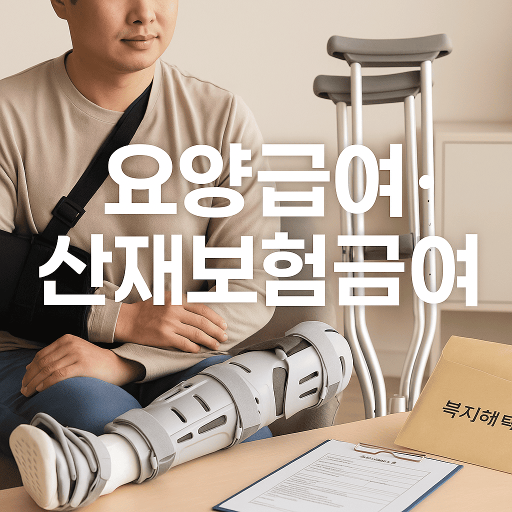 산재근로자-다리보조기-병원진료서류-요양급여-산재보험급여-진료상담실-목발-복지지원안내문-회복중-실내배경
