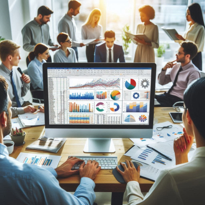 회의실에서 데이터 분석 중인 직원들, 엑셀 그래프 화면