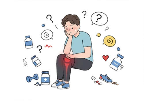 친근한 일러스트 스타일로 그린&amp;#44; 무릎 통증으로 걱정하며 영양제와 운동을 고민하는 40대 한국 남성 일러스트레이션