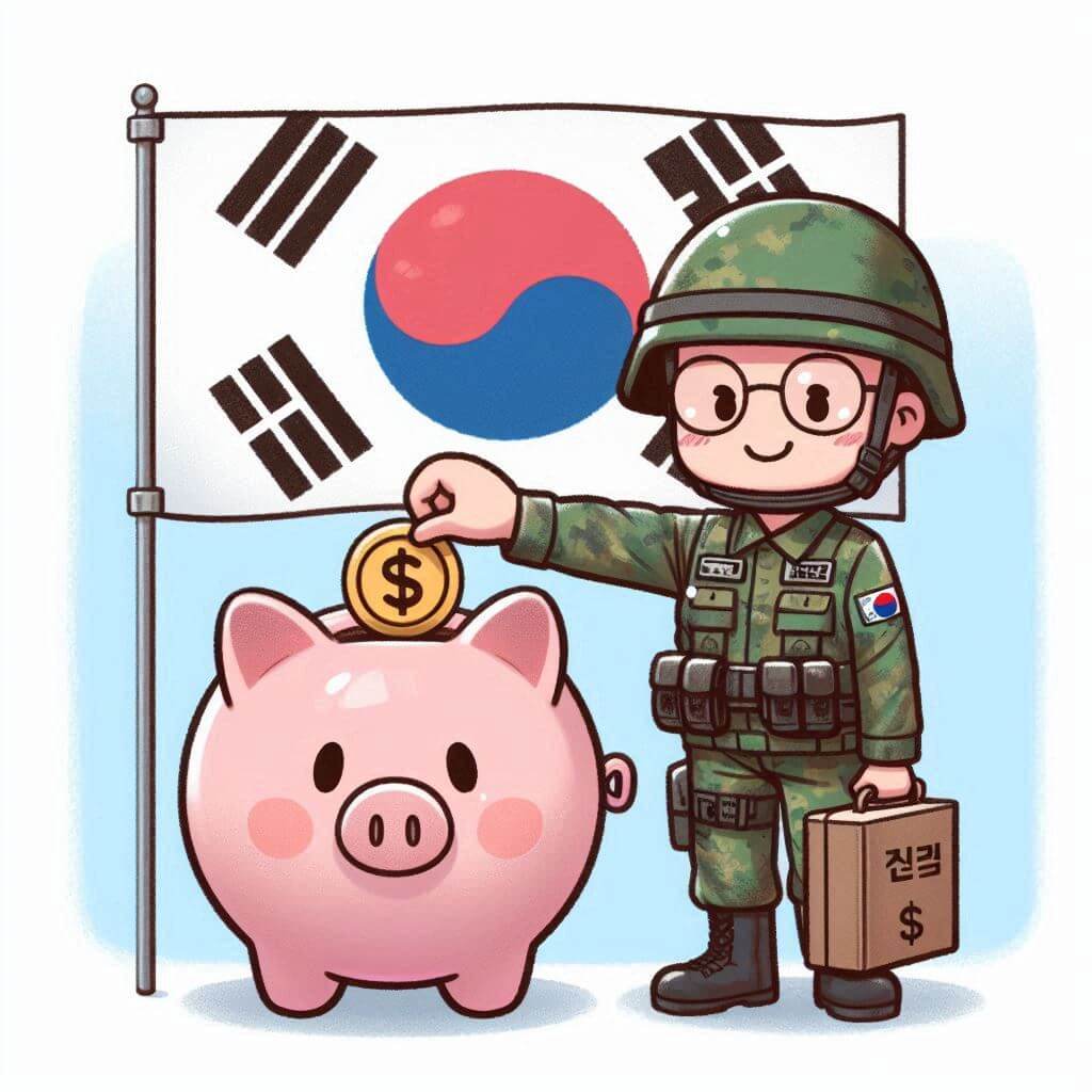 장병내일준비적금계좌에 저축 중인 군인. 돼지저금통에 동전을 넣고 있다.